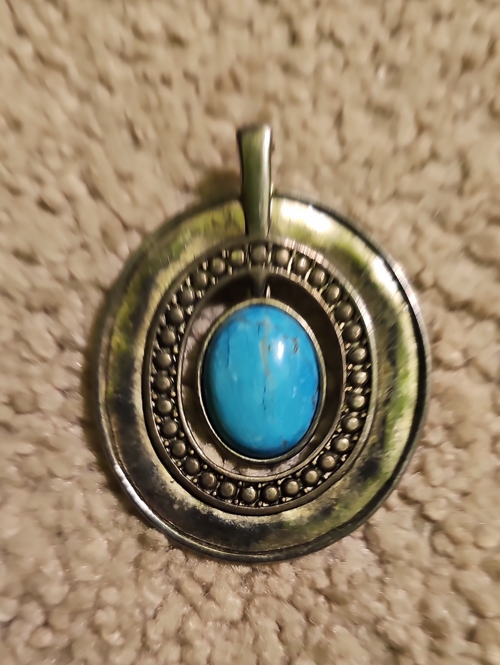 Faux Turquoise Oval Pendant Necklace - Blue Stone Silver-Tone Setting